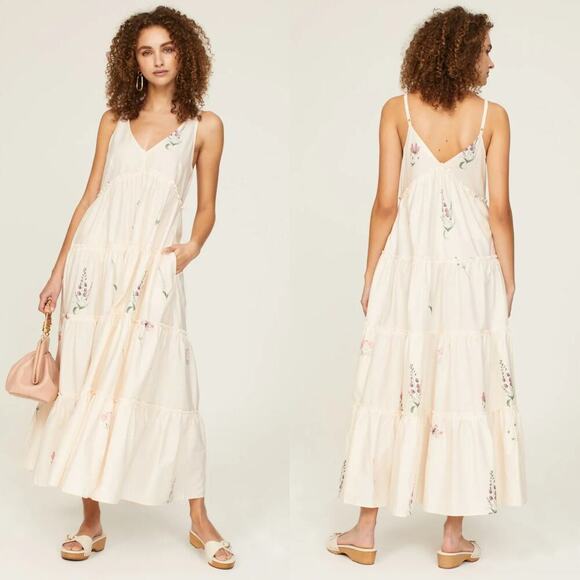 Splendid Blossom Dress Floral Sleeveless V-Neck Tiered Maxi Off-White Medium - Picture 1 of 7